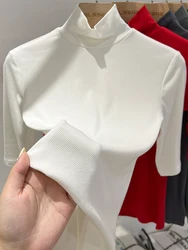 2026 Basic T Shirt Women Turtleneck Slim Tshirt Short Sleeve T-shirts Female Casual Elasticity White Tee Shirt Femme Woman Top