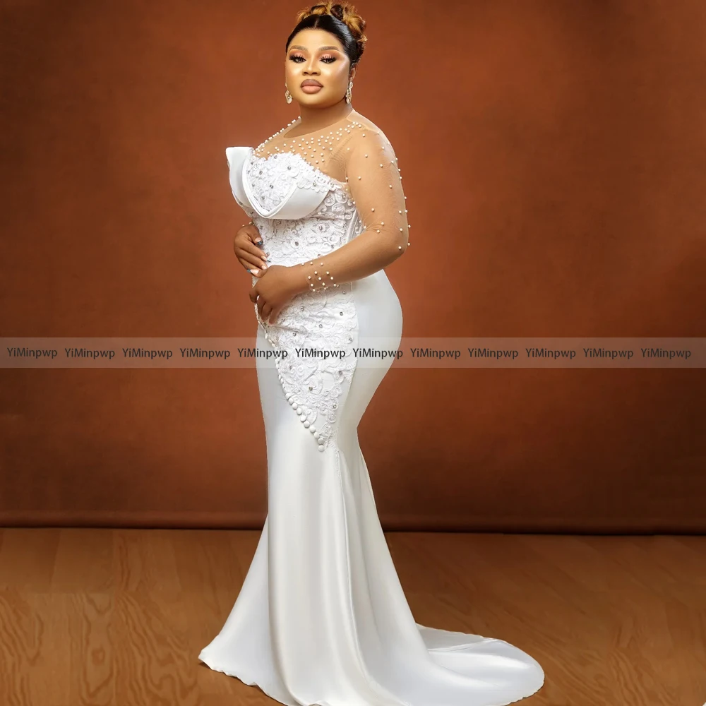 

Beaded Africa Wedding Dresses 2025 Luxury Illusion Sleeves Applique Mermaid Satin Wedding Reception Gowns Sheer Neck Customized