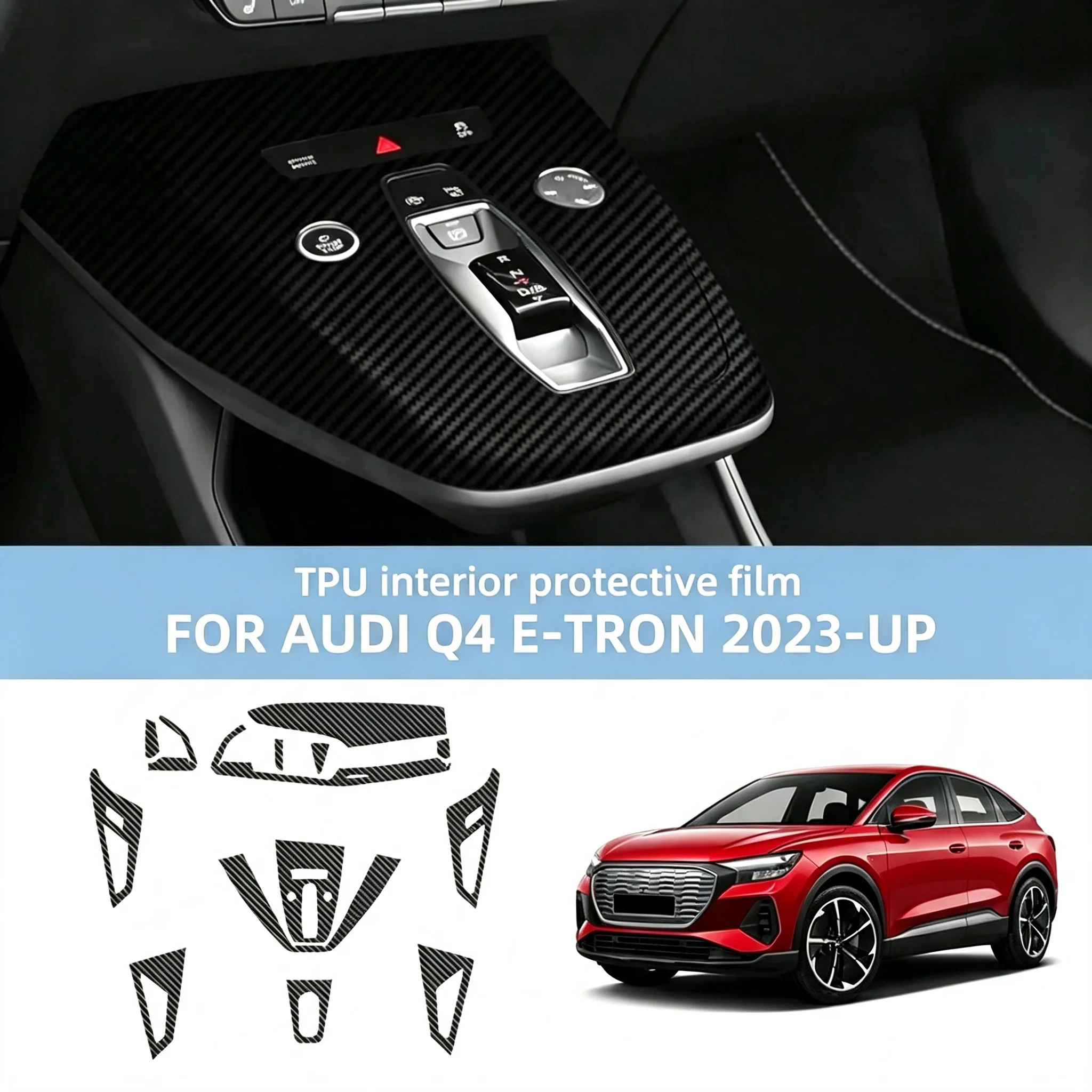 For Audi Q4 E-TRON 2023-2025 Car Interior TPU Protective Film Black Carbon Fiber Texture PPF Film Center Console Gear Panel