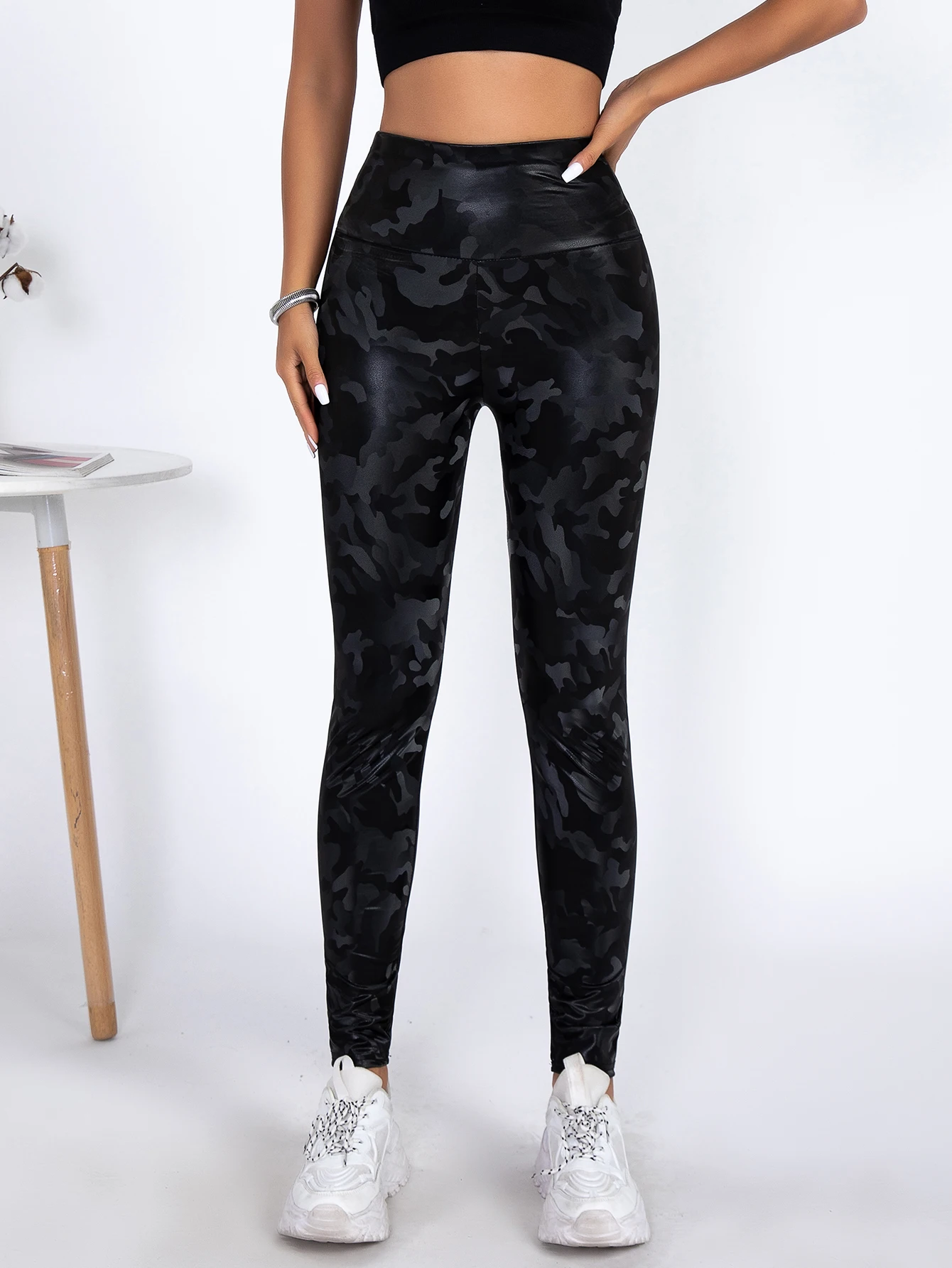 New High-waisted Skinny Leather Pants Women Europe And The United States Elastic Large Size Casual Camouflage Leggings Women