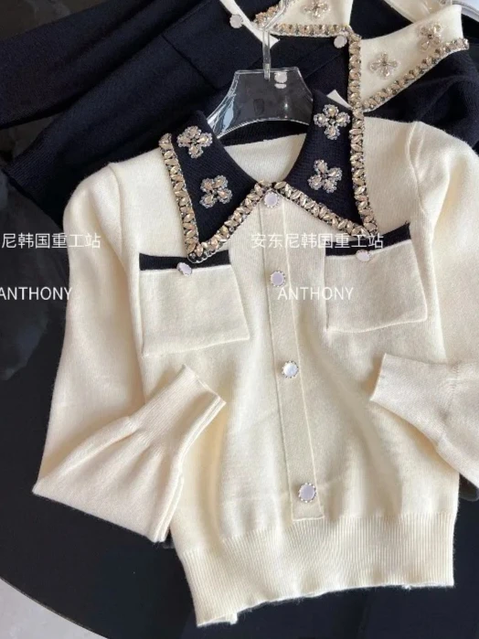 

Autumn Winter New Heavy Craft Rhinestone Single-Breasted Slim Short Knitted Cardigan Women Gentle Elegant Lapel Cropped Cardigan