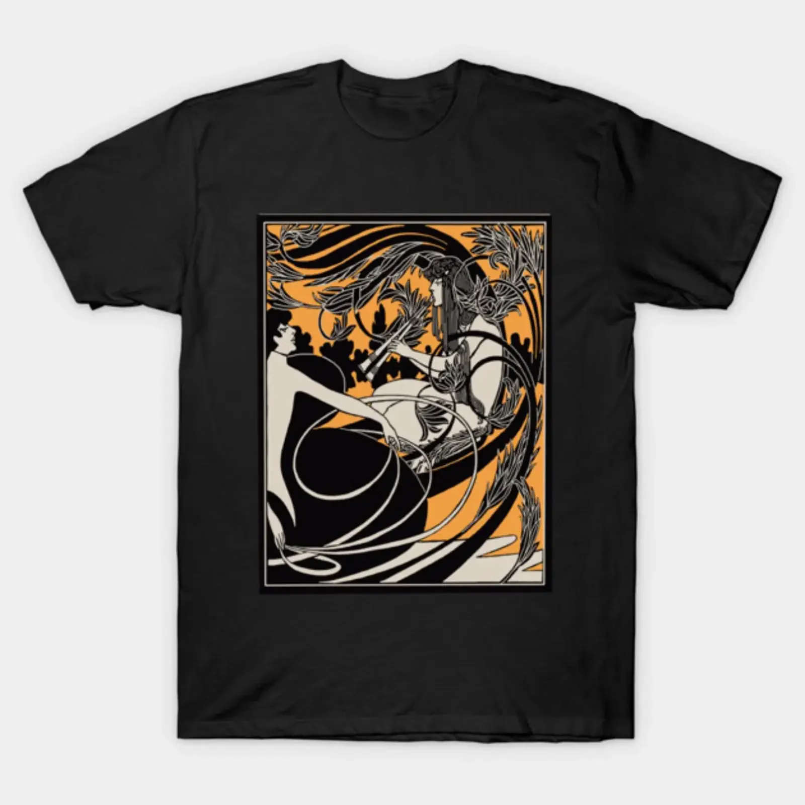 Flute Lady black on gold T Shirt vintage Washed graphic Stretched Slightly homme Versatile streetwear Casual Soft Unisex