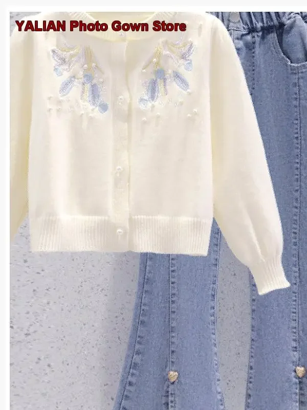 Girls Two-Piece Set Kids Spring Autumn Traditional Chinese Style Embroidered Knit Jacket Pants Older Kids