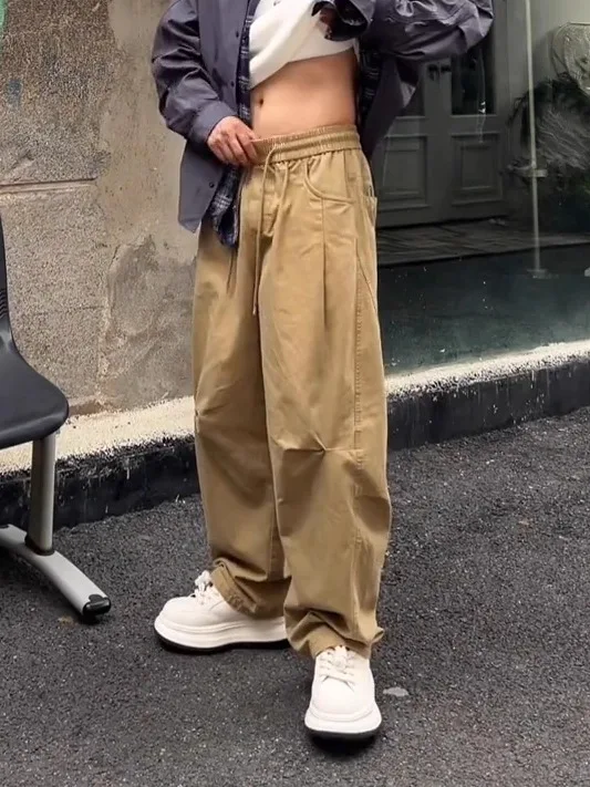 

Американские повседневные рабочие брюки свободного кроя с прямыми штанинами для активного отдыха, мужские универсальные свободные длинные брюки с эластичным поясом