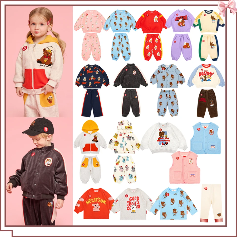 2025 Korean Winter Fleece Children Clothes Set Boys Girls Cartoon Hoodies Trousers Suit BE Kids Plush Sweatshirt Vest Pants