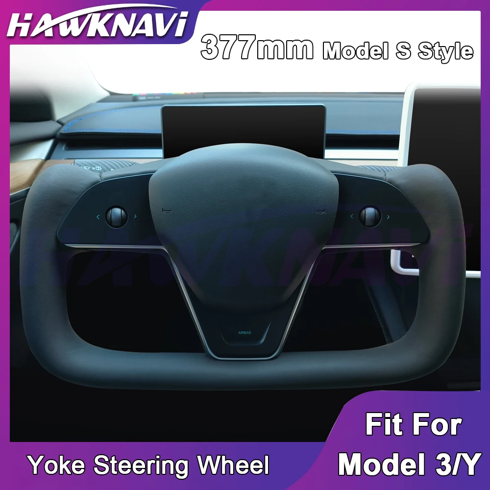 Hawknavi 377MM New Yoke Steering Wheel for Tesla Model Y/3 2023-2017 Heat Leather Steering Wheel for Tesla Model 3 Y Accessories