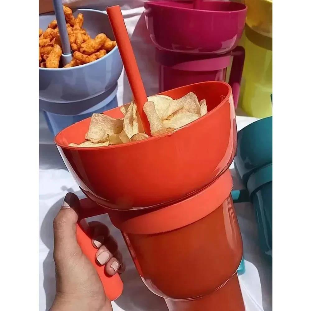 2In1 Snack Bowl Drink Cup with Straw Stadium Tumbler Water Bottle Straw Splash Proof Leakproof Portable Adults Kids Cinema Trip