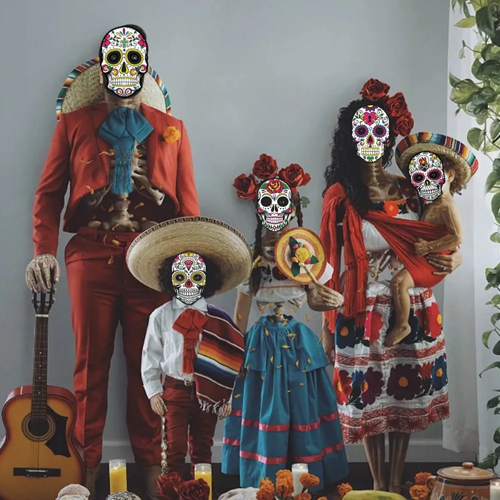 6Pcs Creative Full Face Halloween Skull Mask Colorful Paper Skull Face Mask Lightweight Mexican Skull Mask Masquerade Theme
