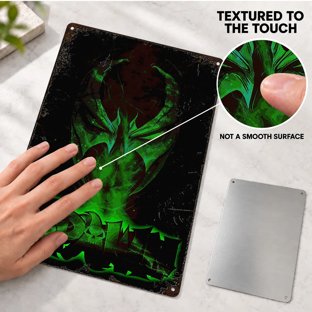 Spawn Green Mask Aluminum Poster Personalized Metal Sign Comic Book Illustration Wall Art For Reading Corner Superhero Fan Gift