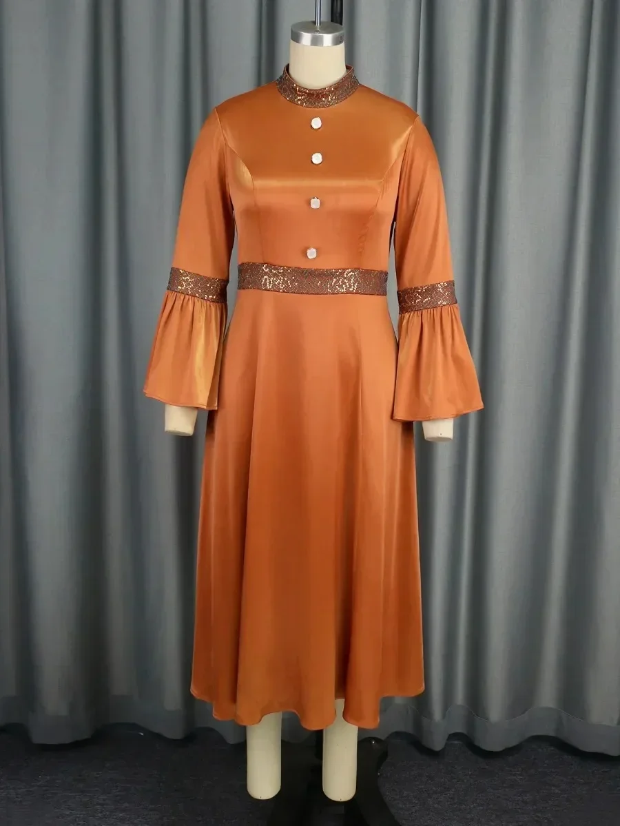 Robe trapèze en satin marron brillant pour femme, col rond, manches longues évasées, paillettes, patchwork, compromis, élégant, formel, église, fête, événement, quel que soit