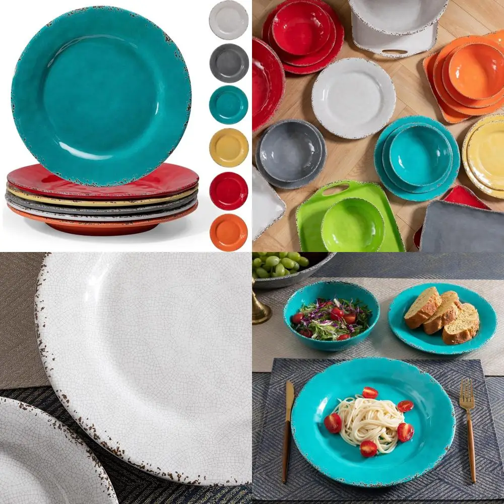 

rustic melamine dinner plates, 11 inch melamine plates set of 6, large salad/dessert plates, unbreakable colorful serving dishes