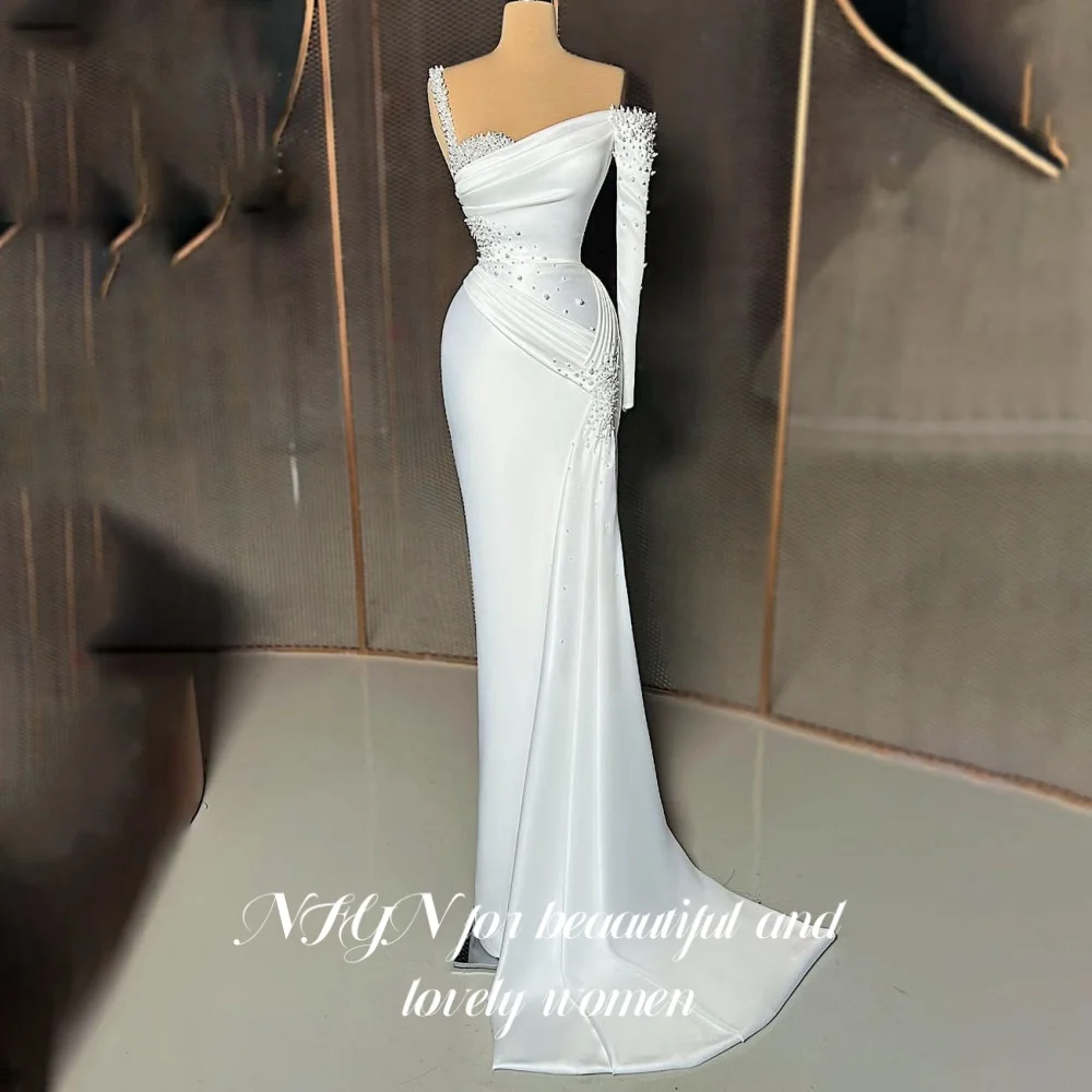 

NFYN White Pageant Party Gown Luxury Pearls Evening Dress Pearls Mermaid Sexy One Shoulder Prom Dresses robe de bal Customized