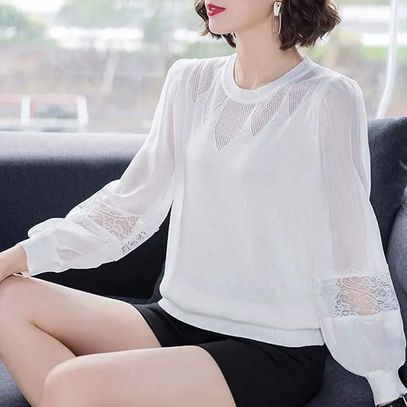 New Net Yarn Bottoming Shirt Ladies Spring Autumn O-neck Lace Top Tee Thin Modna luźna wewnętrzna koszulka z długim rękawem