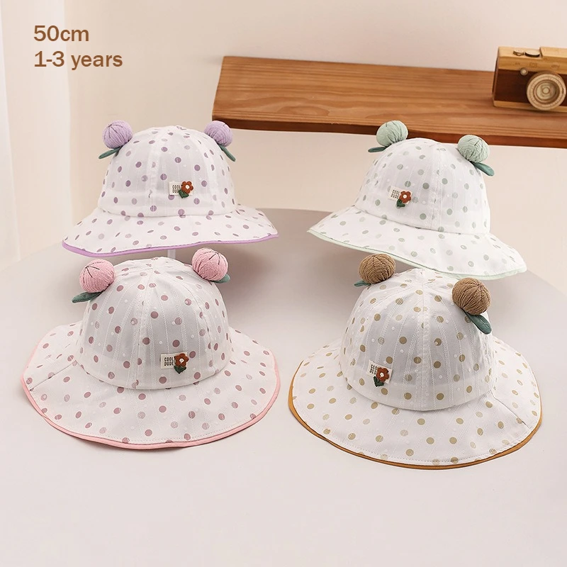 Baby Girls Sun Hat 50cm 1-3 years Spring New Polka Dot Floral Bucket Cap Toddler Outdoor Windproof Kids Summer Beach Bonnet