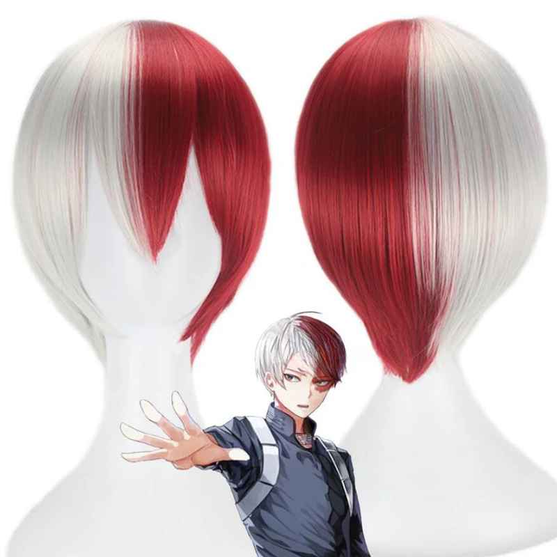 Mój bohater akademicki Shoto Todoroki peruka do Cosplay biało-czerwone peruka krótka Akademia Boku no Hero peruki kostiumowe Shouto + czapka z peruką