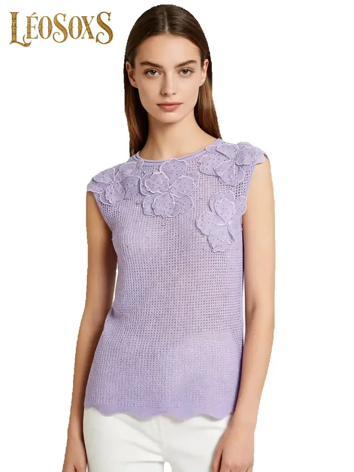 LEOSOXS Women Summer Autumn Heavy Craft D Floral Hot Stamping Sleeveless Knit Top Versatile Daily Ladies Fashion Outfit