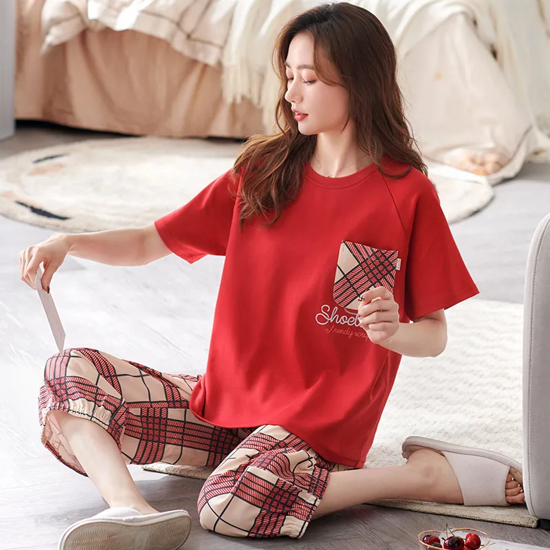 Newest Summer Fashion Printing Sleepwear for Youth Girls Soft 100%Cotton M-4XL Pajamas Set Woman's Calf-length Pants Nightwear