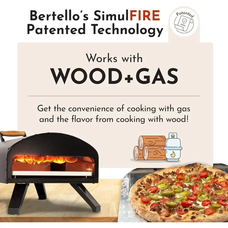 Bertello SimulFIRE Outdoor Pizza Oven Bundle - Wood Fire Portable 12 inch Brick Oven with Gas Burner, Peel, Wood Tray