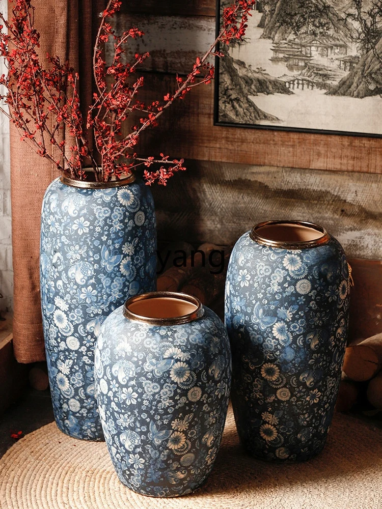 Yjq Jingdezhen Retro Blue and White Floor Vase Antique Ceramics Flower Decoration Props Flower Device