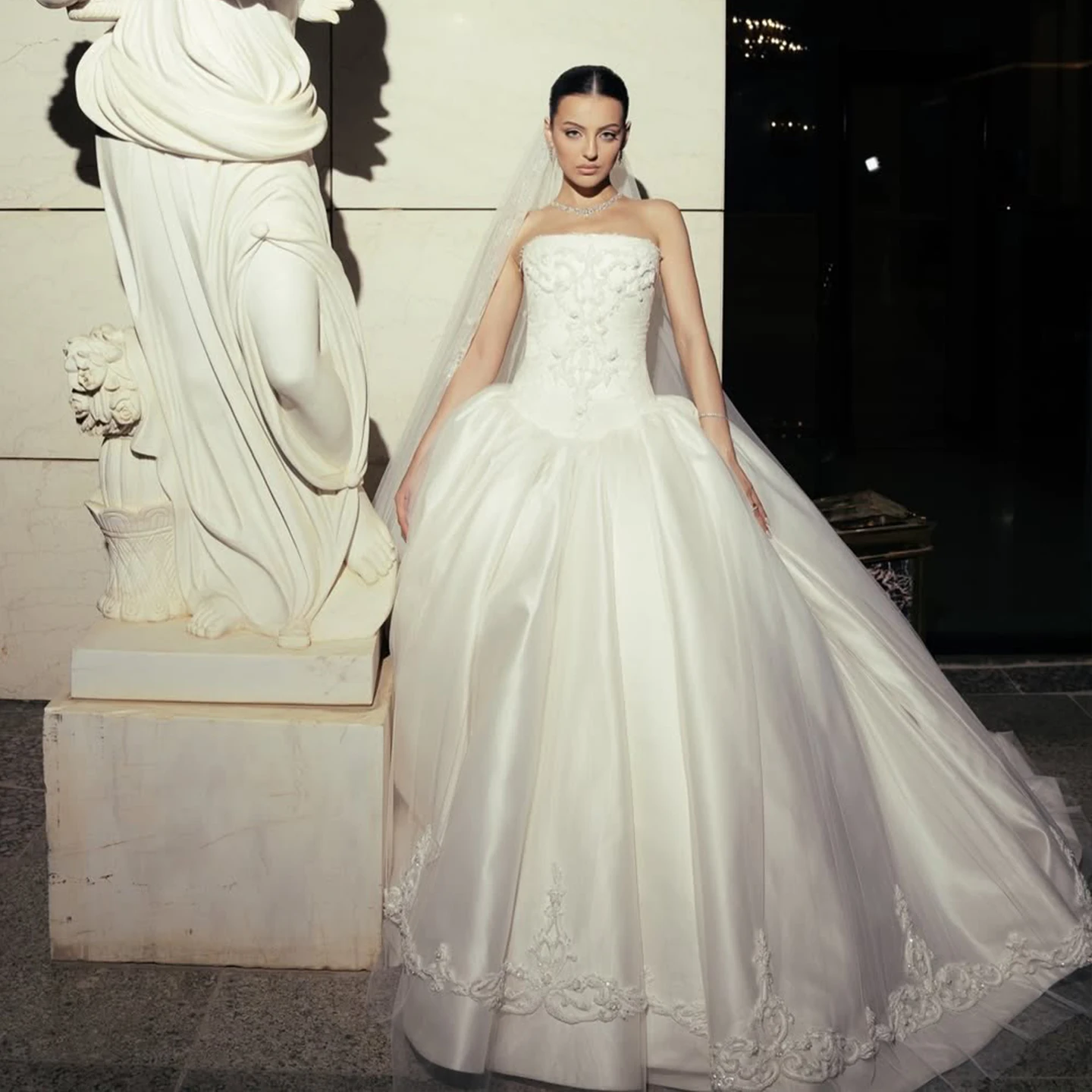 Sharon Said Luxury White Satin Ball Gown Wedding Dress Sheath Strapless 3D Lace Beaded Applique Bridal Gowns SW745 Customized