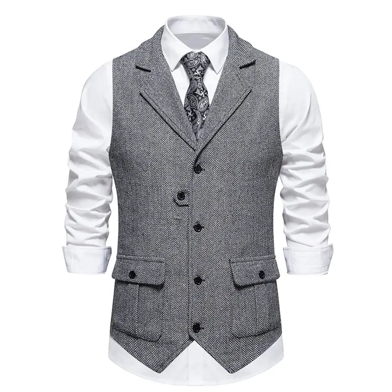 Retro Spread Collar Tweed Waistcoat Men's Large Size Wedding Party Checkered Vest Standard Fit Business Casual Polyester Fiber