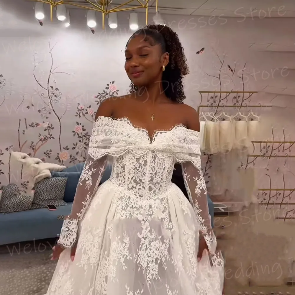 فساتين زفاف نسائية فاخرة على شكل حرف A مزينة بالدانتيل رداء De Mariée فساتين العروس المخصصة قبالة الكتف فيستدو دي نوفيا