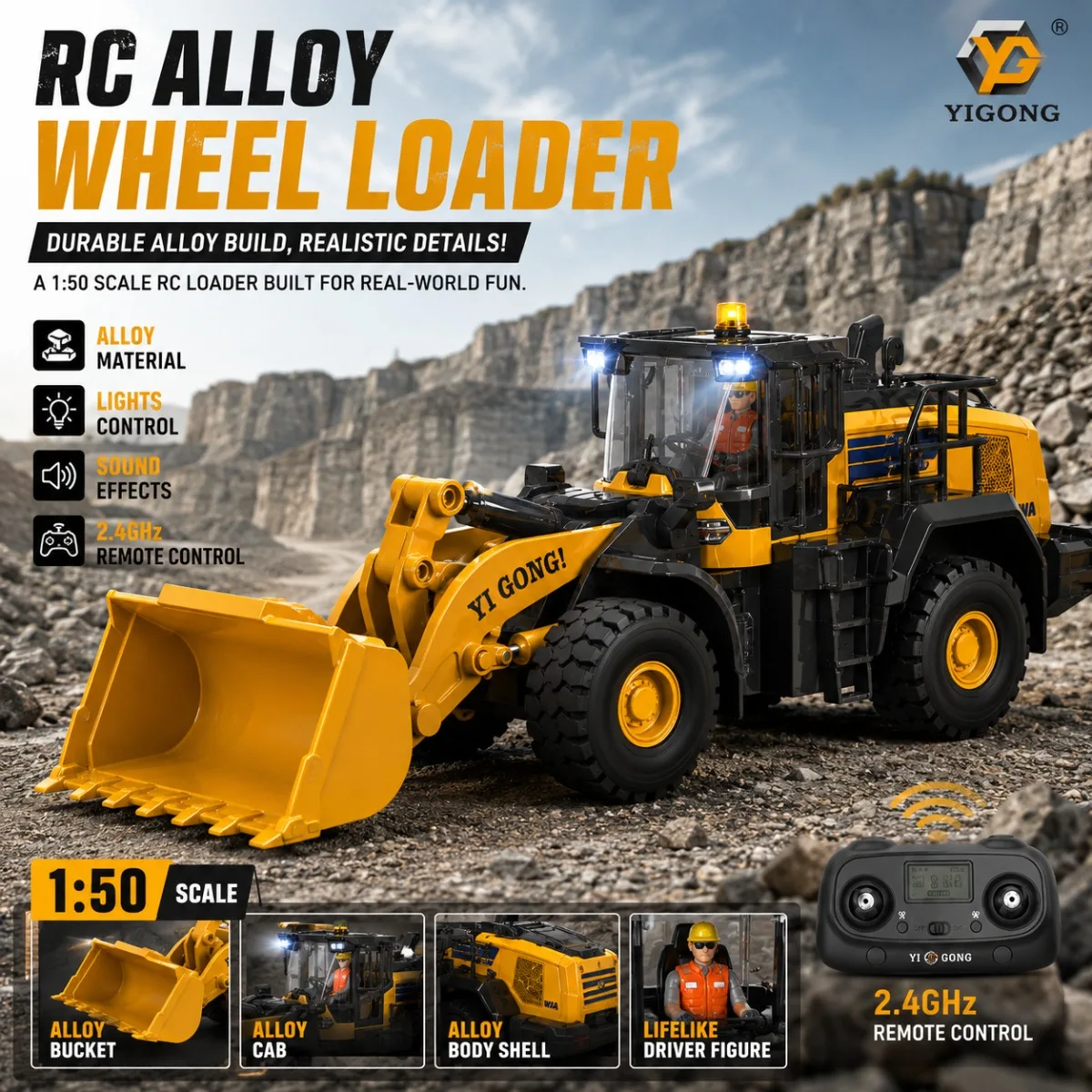 YG475 1/50 Remote-controlled Screw Loader 2.4G Alloy Bucket 3km/h Equipped With LED Lighting System And Simulated Sound Effects