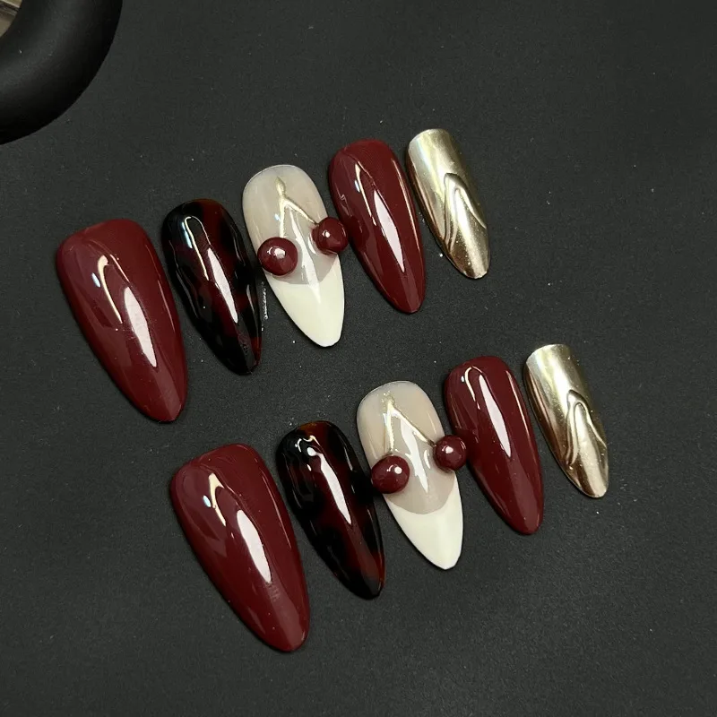 

10pcs Handmade French Almond Press On Nails Red 3D Cherry Design Y2K Fake Nails Wearable Nails Art Tips Reusable Manicure Girls