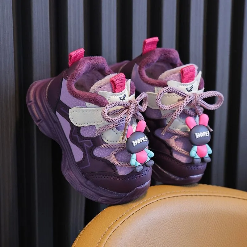 Fleece Lined Thickened Girls' Baby Winter Leather Upper Infant Toddler Learning Walking Sports Shoes for 1-3 Years Old