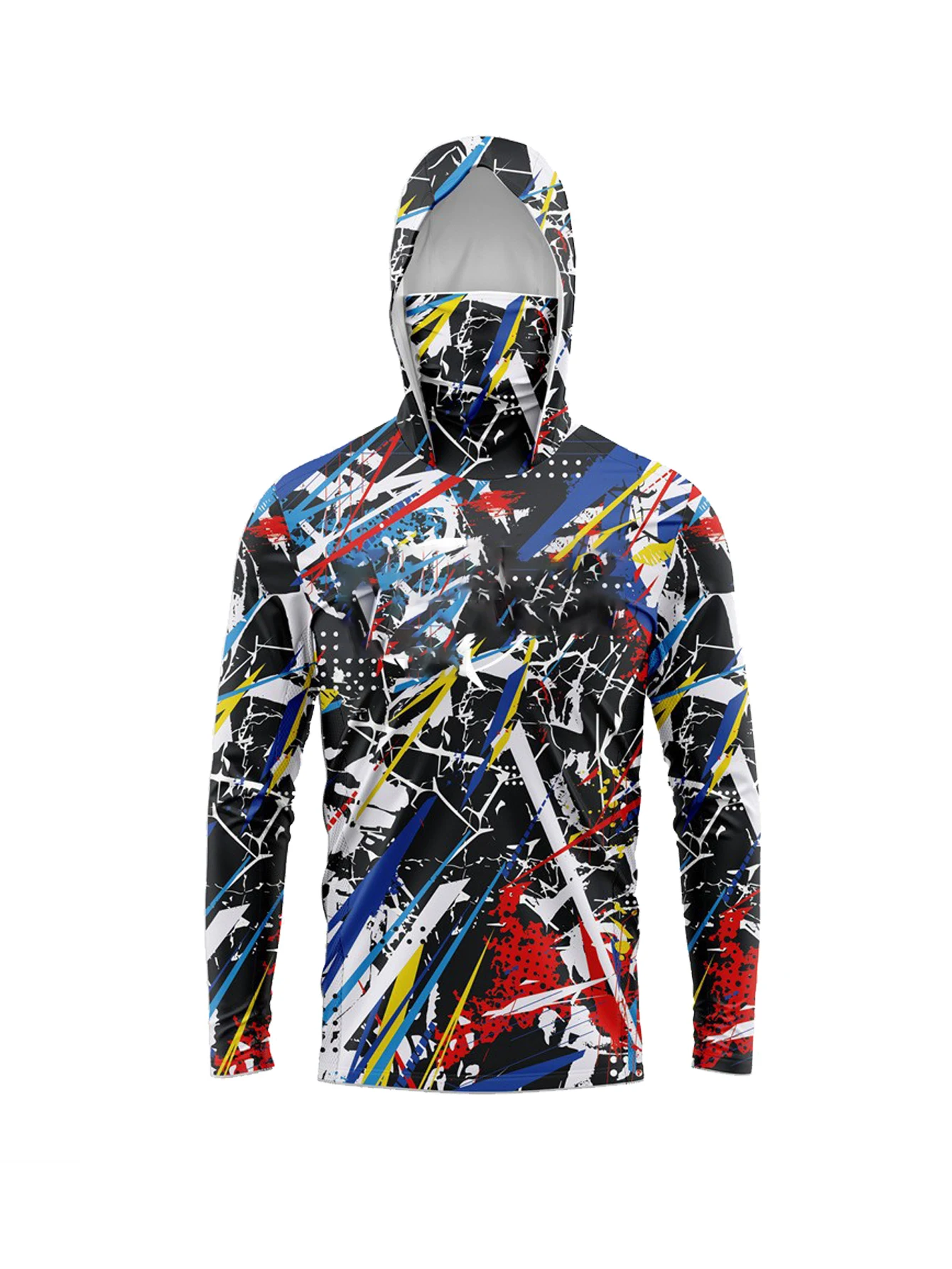 Jungle Multicolor Splatter Camo Men Fishing Hooded Shirt Built-in Face Cover UPF50+ Sun Protection Quick-Dry Long Sleeve Tops