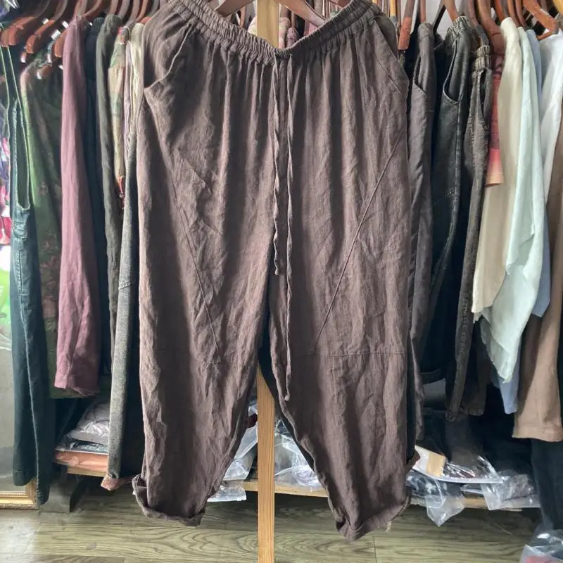 

2024, весна-лето, новый художественный стиль, женские свободные брюки до щиколотки, универсальные повседневные однотонные льняные шаровары высокого качества T527