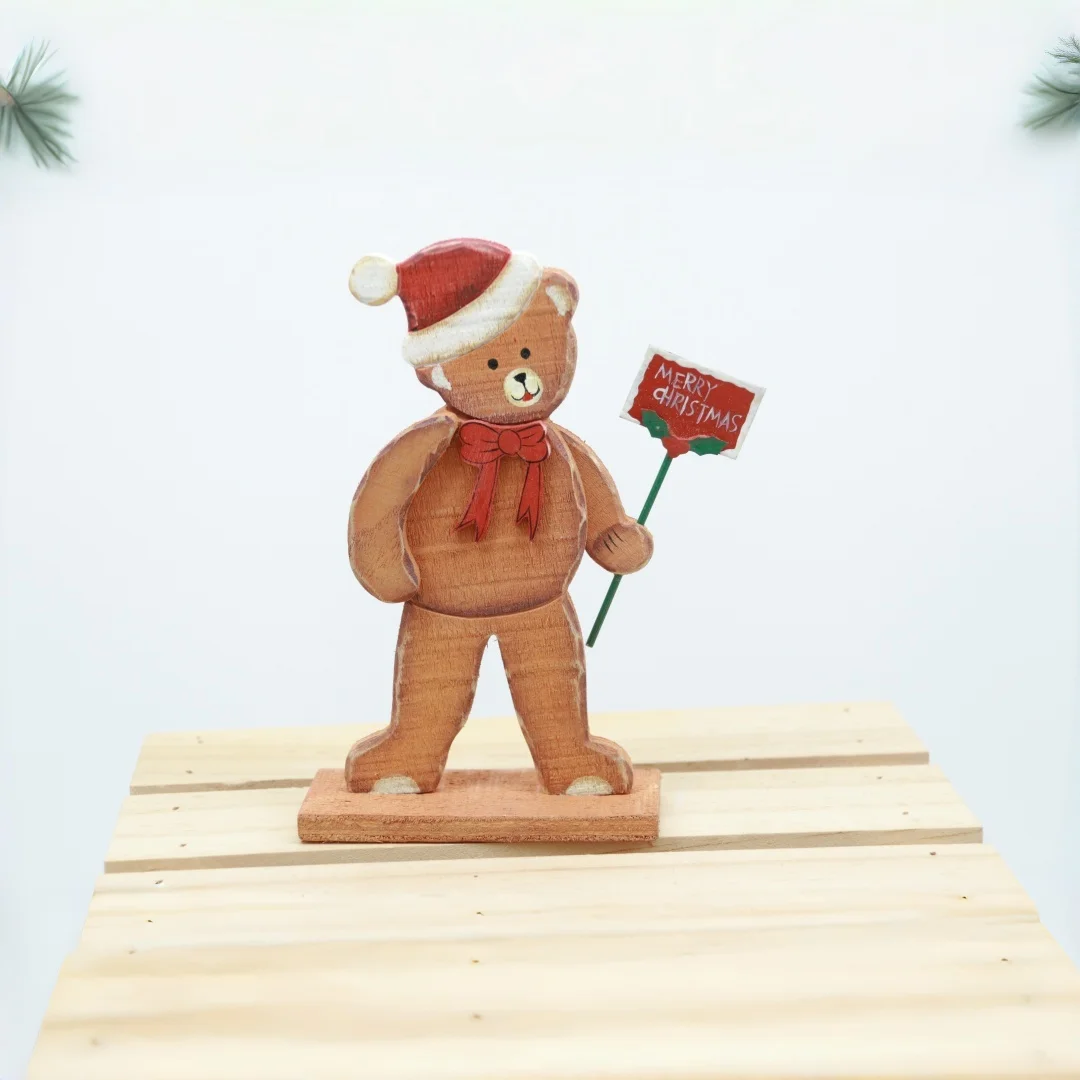 

Vintage Wooden Christmas Bear Decor with Merry Christmas Sign - Festive Holiday Tabletop Ornament