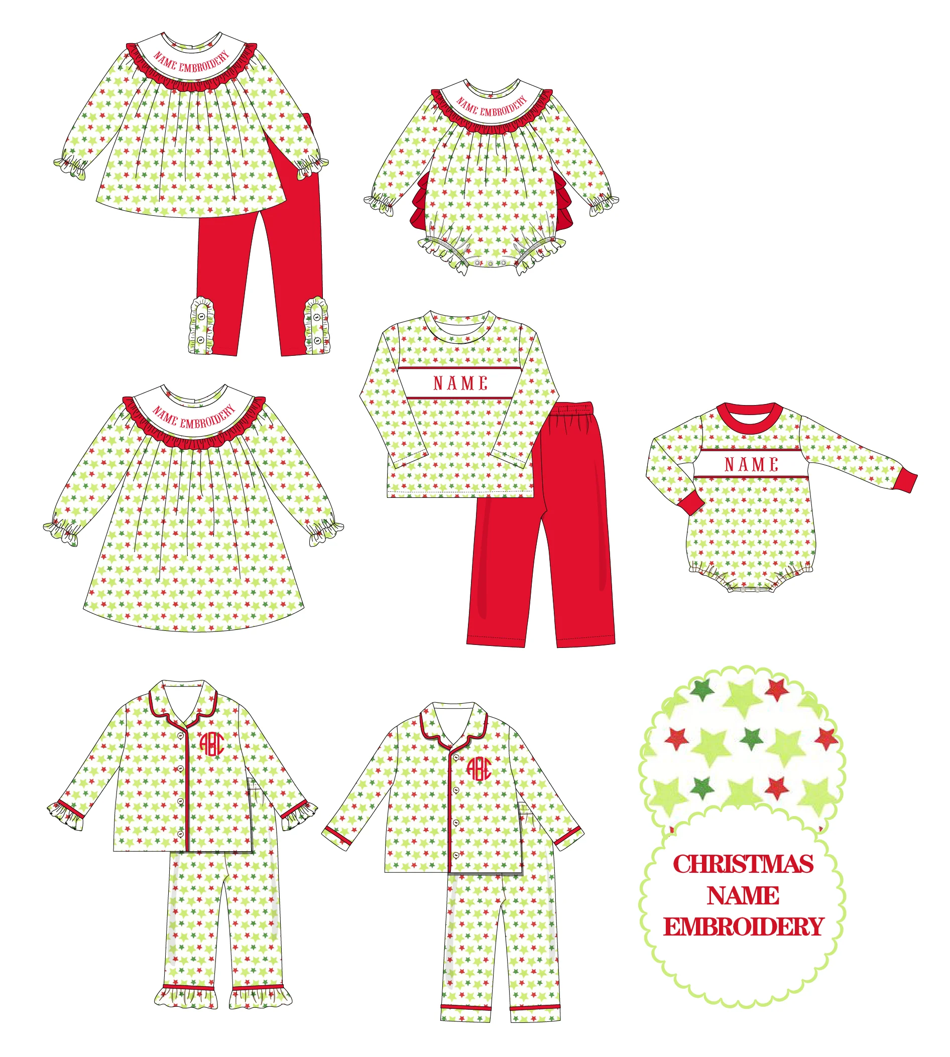 

Ropa Girl And Baby Boy New Cotton Customizable Name Styles Presale Models Christmas Red Romper Sets Green Star Patter Clothes