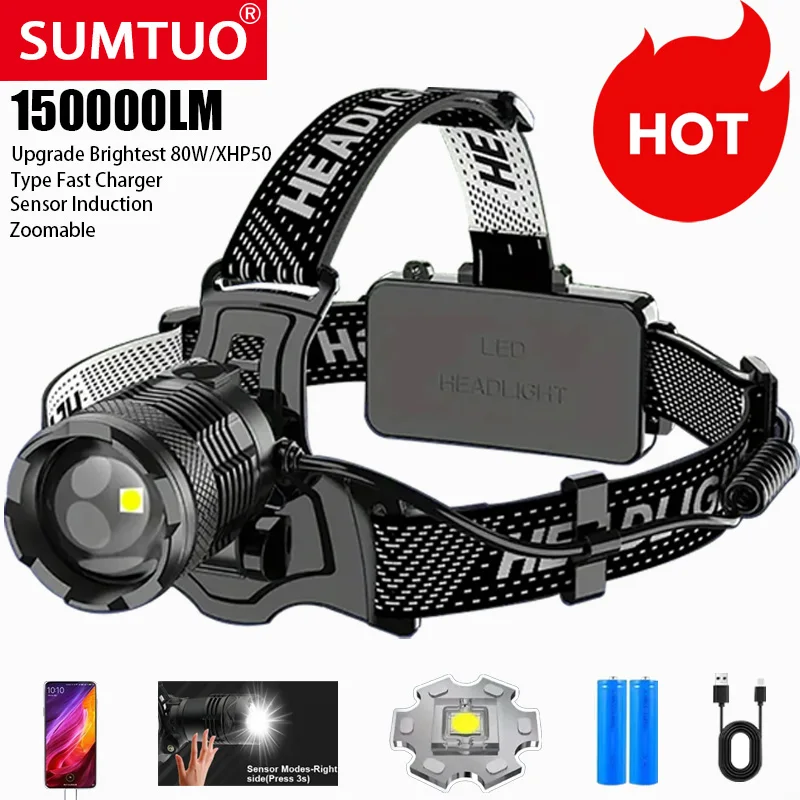 

New 150000LM Most Powerful Headlamp 800W Headlight USB Rechargeable Head Flashlight High Power Outdoor Head Lamp Fishing Light