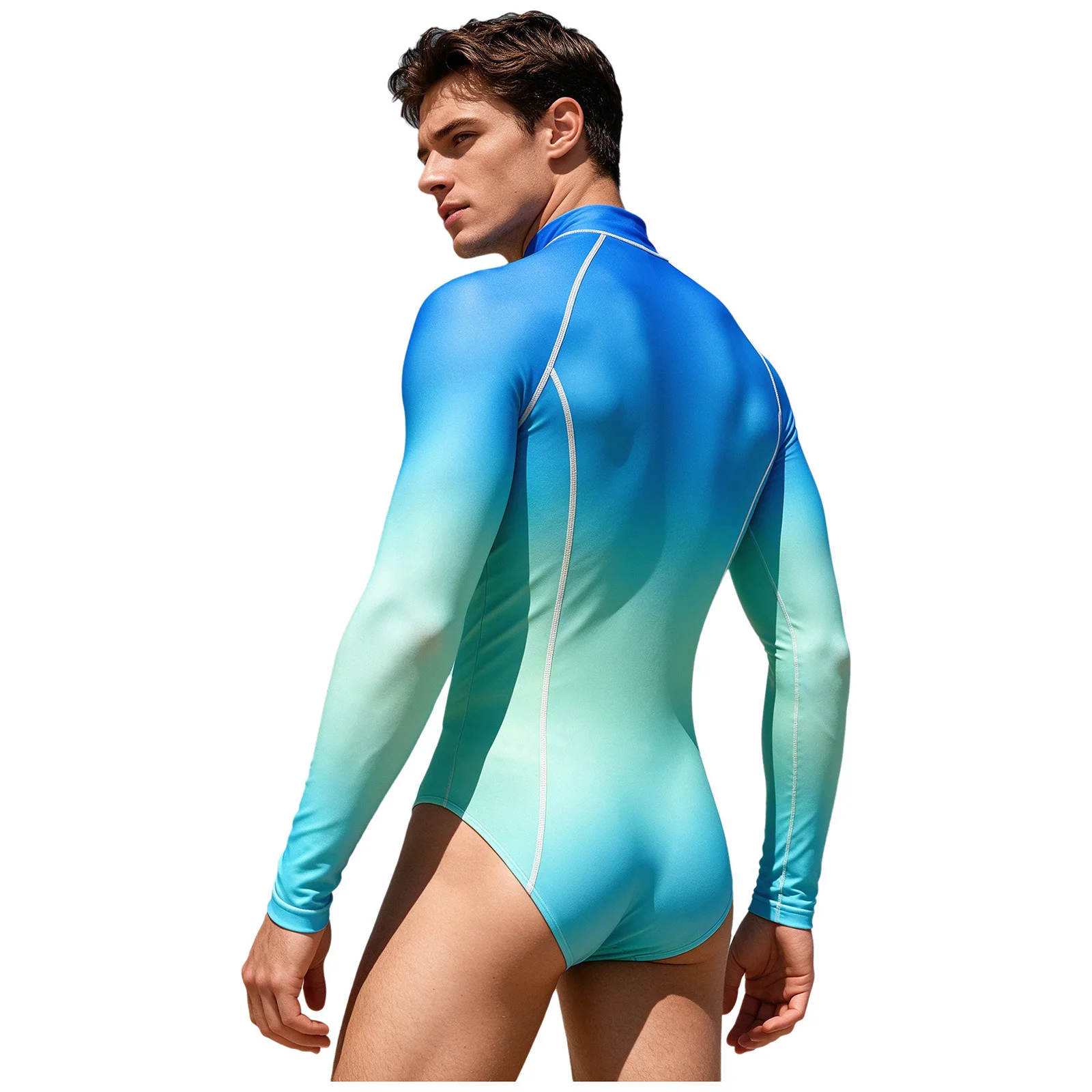 Mens Gradient Bodysuit Swimsuit Long Sleeve Zipper Quick-dry Stretchy Leotard Workout Fitness Surfing Bathing Suit Swimwear