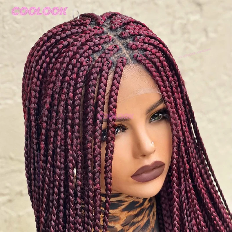 1BBurgundy 36 "Wig Sintetis Kepang Cornrow Wig Kepang Renda Penuh untuk Wanita Kulit Hitam Wig Kepang Kotak Tanpa Simpul