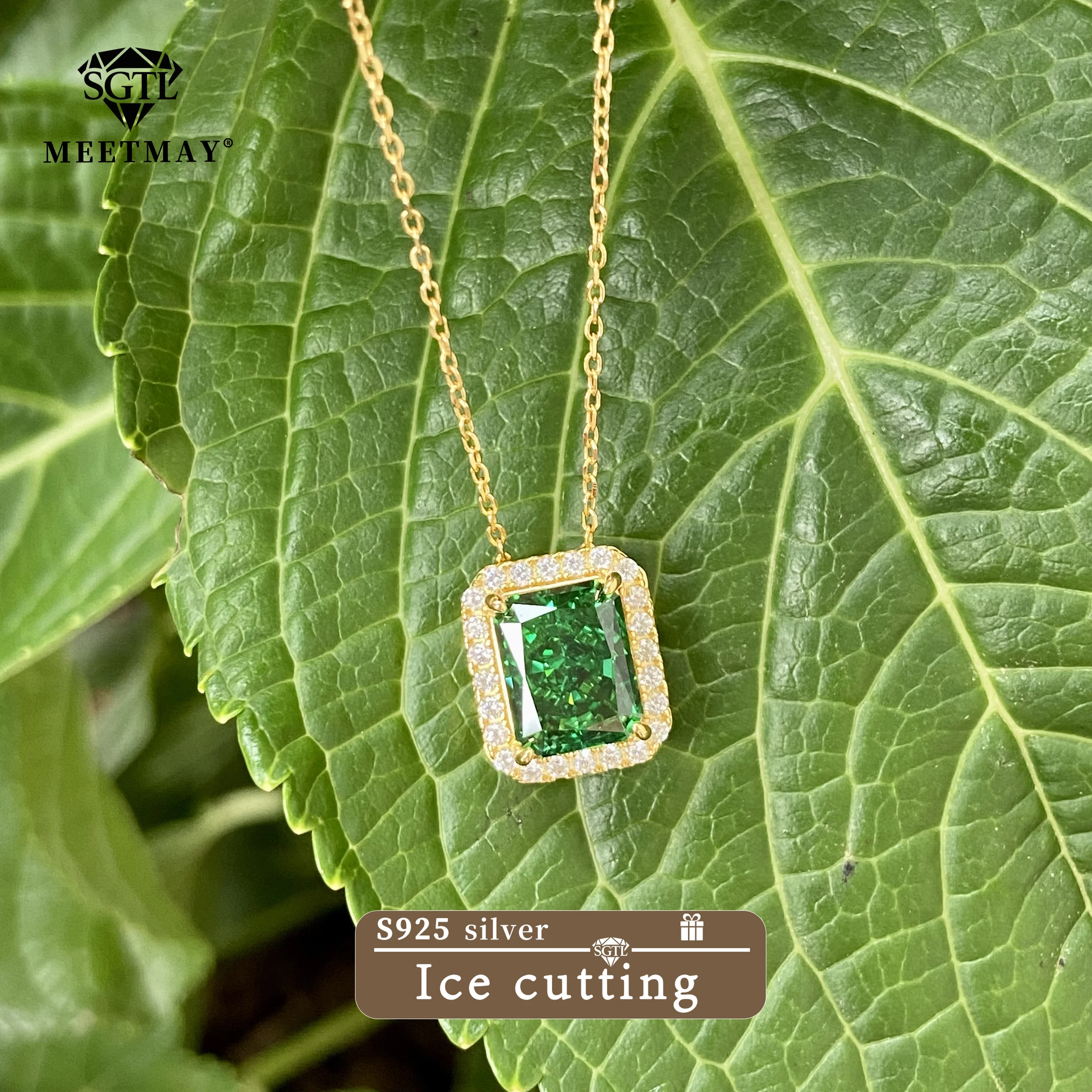 Bocarman Mintgrüner rechteckiger Anhänger aus S925-Silber, platiniert, mit eisgeschnittenem Zirkon, Halskette für Damen, hypoallergener Schmuck – Detail 6