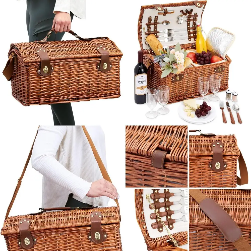 

Classic Brown Wicker Picnic Basket Set for 4, 18.1x12.2x10.2, Includes Cooler, Dishes, Utensils & Glasses