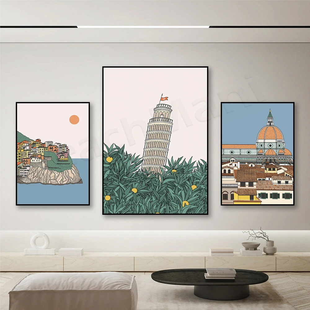 

Italian poster, Tuscany wall art, Leaning Tower of Pisa, Cinque Terre, Manarola, Florence Cathedral, tourist attraction poster