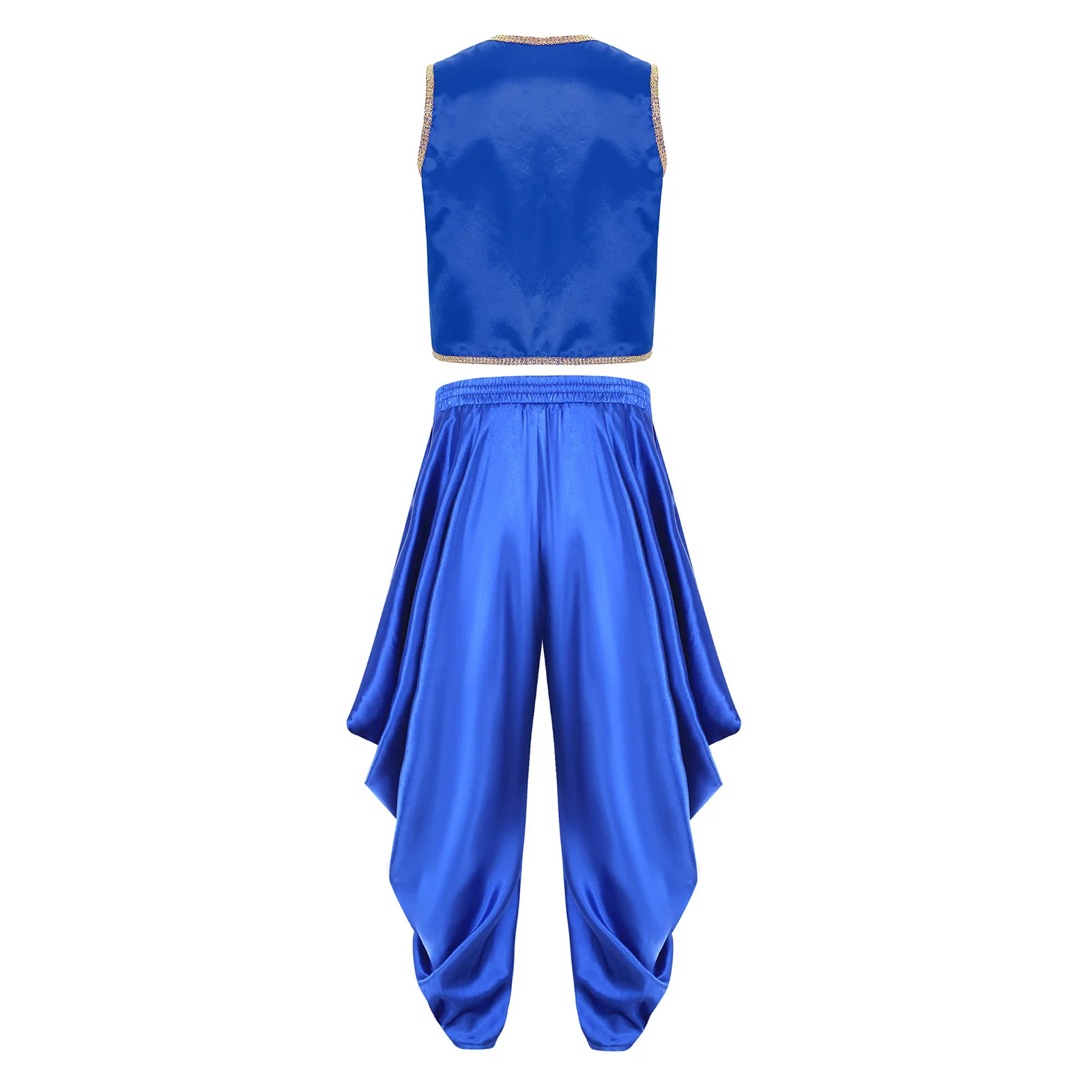 فستان الأمير العربي للرجال زي تنكري للكرنفال مزين بالذهب بدون أكمام سترة أمامية مفتوحة وسراويل حريمي بحزام خصر مطاطي