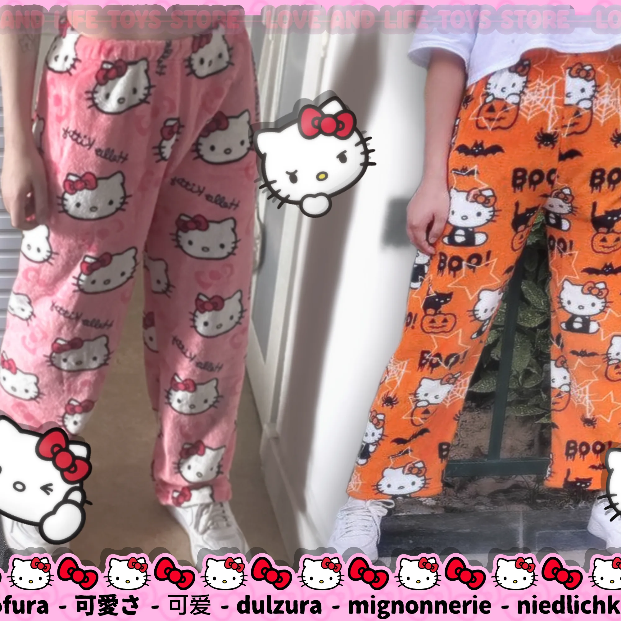 Anime sanrio Hello Kitty Pajamas Pants Black Pink Flannel Women Warm Woolen Whitecartoon Casual Home Pants Autumn Grils Trousers