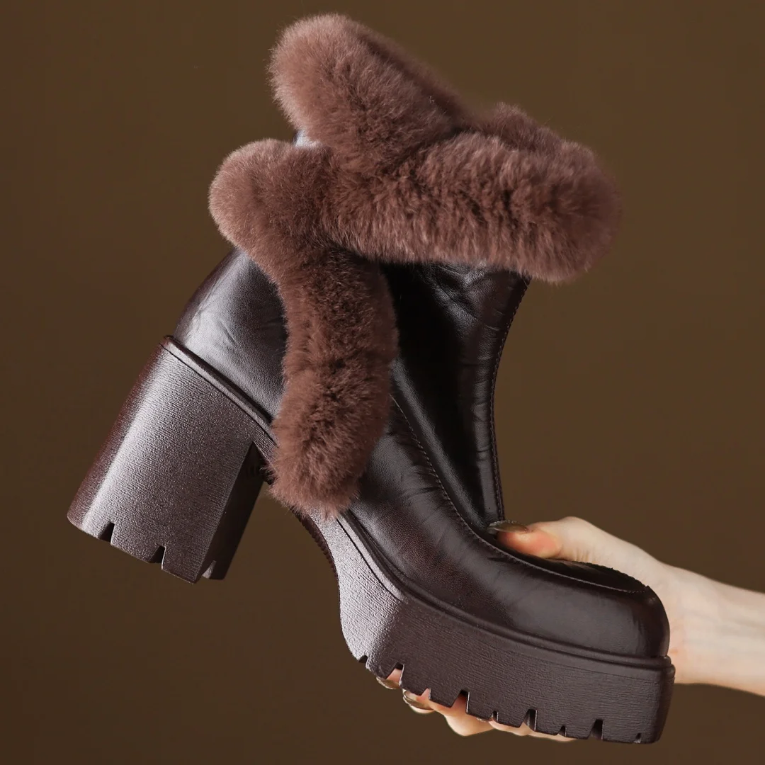

danxuefei women's genuine leather rabbit fur patchwork 8cm chunky heel platform side zip wool inside winter ankle snow boots hot