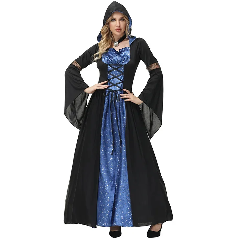 Umorden Halloween Blue Sky and Star Moonlight Sorceress Costume for Adult Women Hoodie Long Dress