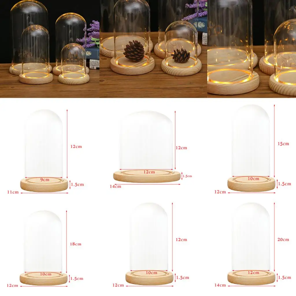 Clear Glass Dome Diy Decorative Glass Dome Glass Lintel Glass Bell Landscape Vase with Led Wood Base Microlandscape Holder