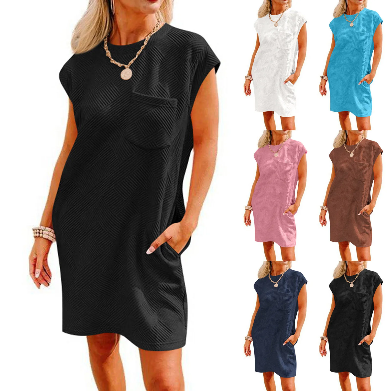 2025 verano Casual deportes cuello redondo bolsillo manga corta vestido suelto mujeres acanalado trajes conservadores vestido veraniego