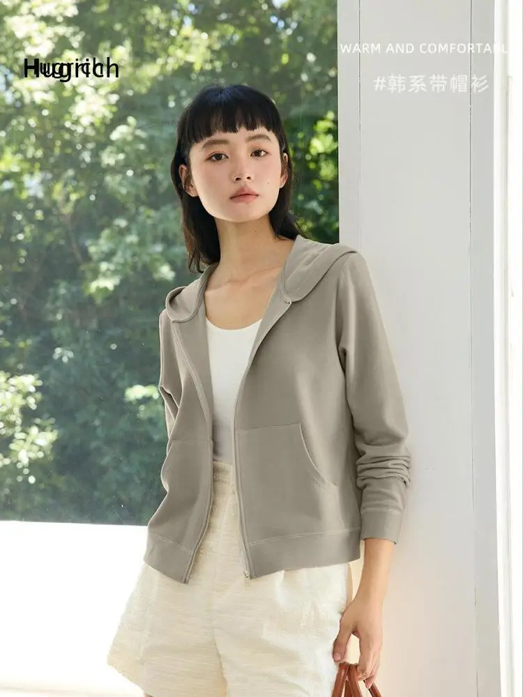 Cropped Zip Up Hooded Jacket Women Long Sleeve Pocket Detail Light Sweatshirt For Layering Wear In Spring And Cool Autumn Days