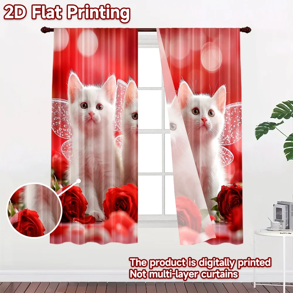 2D flat printing 2pcs Curtains Cute White Kittens Red Roses Digital Printed Polyester Drapes Family Party Decoration Use for