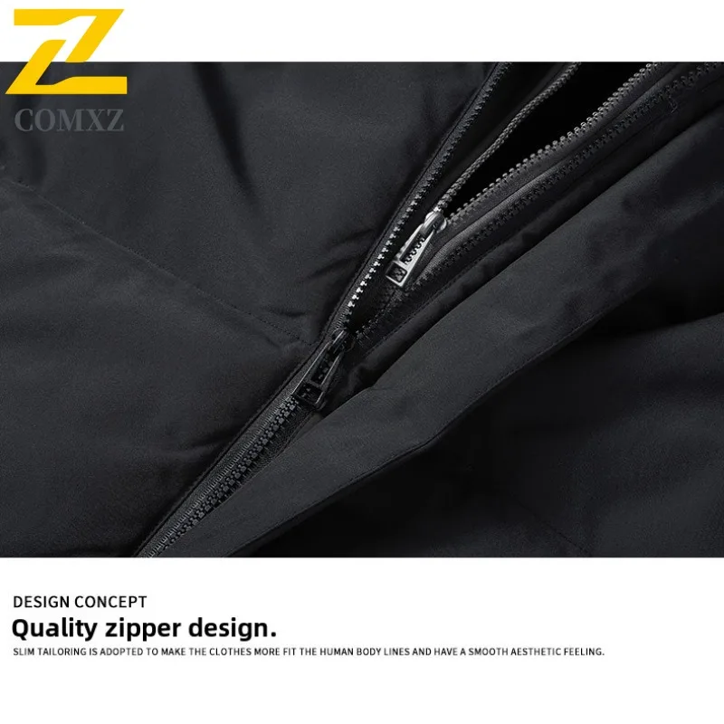 COMXZ 2025 Mens Fake Two Piece Sherpa Hooded Thickened Winter Jacket Waterproof Windproof Outdoor Sports Lightweight Coat