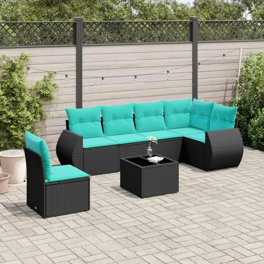 

7 Piece Black Poly Rattan Patio Sofa Set with Cushions Outdoor Furniture Garden Conversation Set