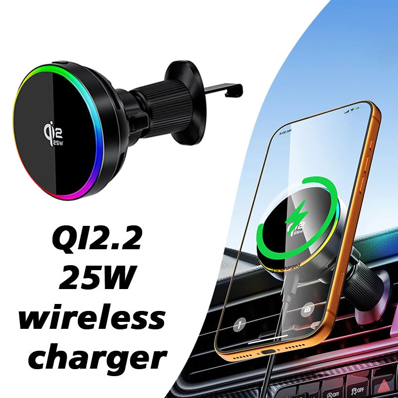 Qi2.2 25W Car Magnetic RGB Wireless Charger With Air Cooling Fan Phone Holder For Magsafe iPhone 17 16 15 14 13 12 Fast Charging